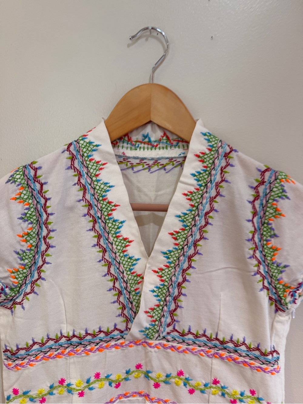 Hand-Embroidered White Boho Fringe Tunic Dress with Colorful Stitching small - Picture 3 of 15